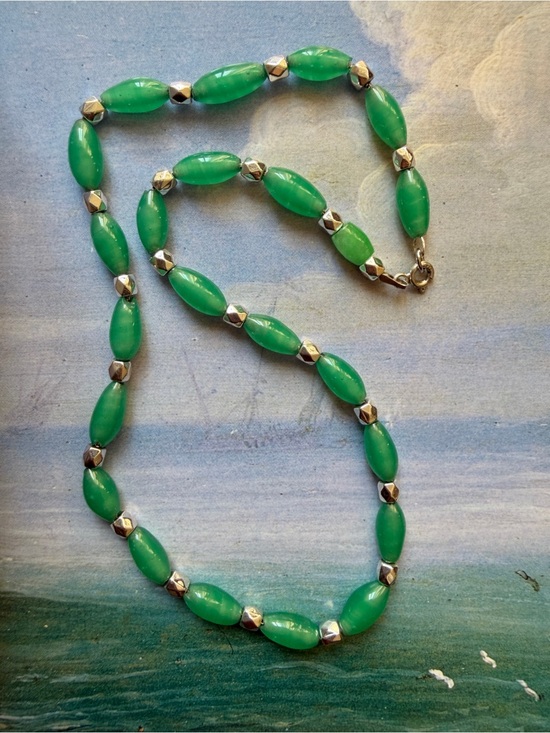 Jewelry - Vtg Sterling Silver Green Art Glass Bead Necklace 15"